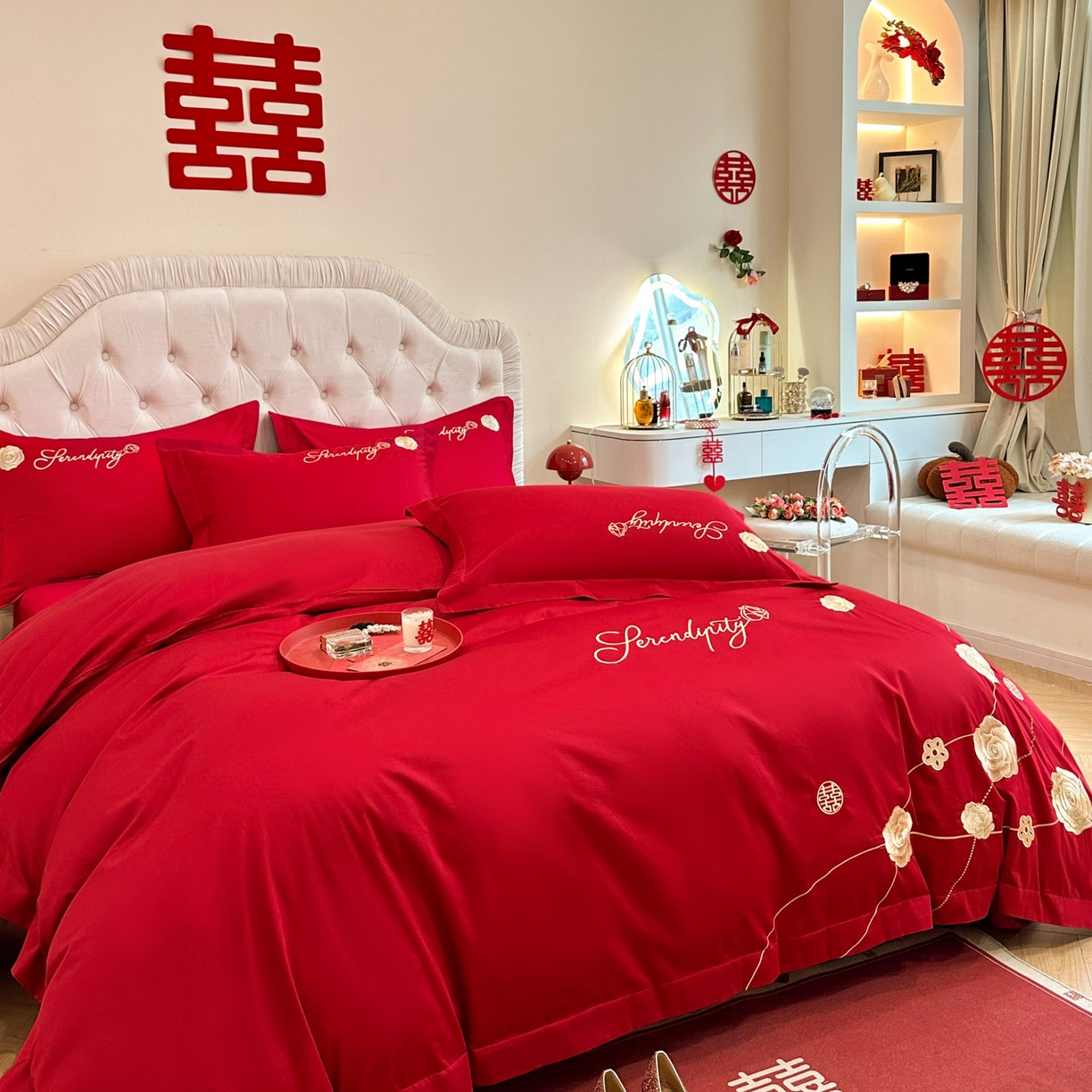 91家纺网 家纺一手货源 找家纺 金麦家纺 2025新款亲肤磨毛刺绣婚庆四件套 玫瑰有约