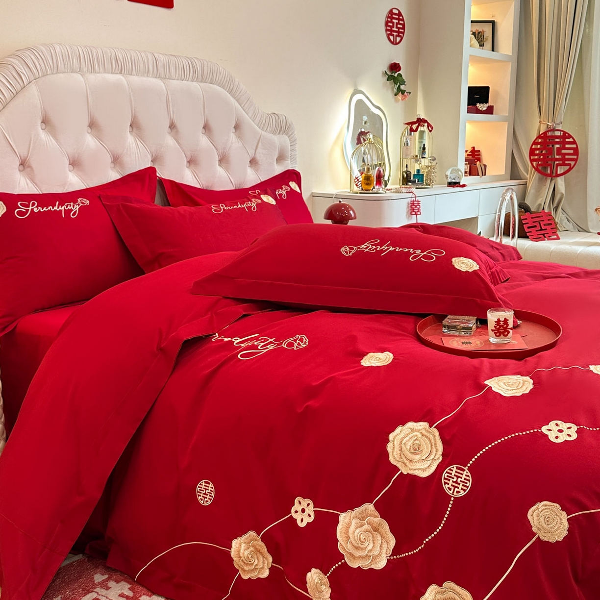 91家纺网 家纺一手货源 找家纺 金麦家纺 2025新款亲肤磨毛刺绣婚庆四件套 玫瑰有约