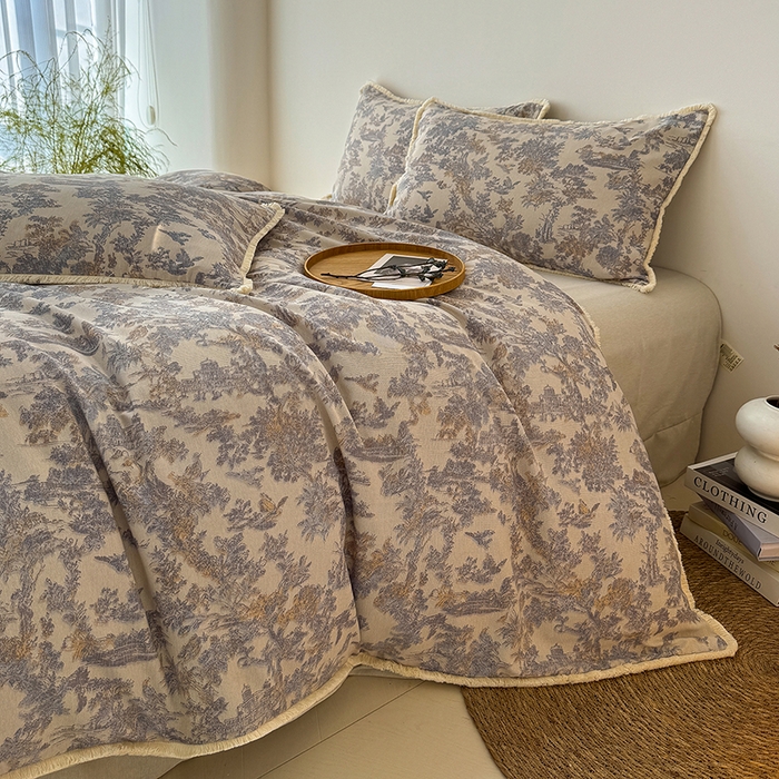 91家纺网 家纺一手货源 找家纺 竹合家纺 2026高克重流苏色织亚麻复古侘寂风小布袋四件套（零售价格不可低于148元） 流苏雨露麻-暗香疏影