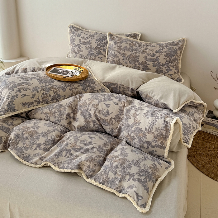 91家纺网 家纺一手货源 找家纺 竹合家纺 2026高克重流苏色织亚麻复古侘寂风小布袋四件套（零售价格不可低于148元） 流苏雨露麻-暗香疏影