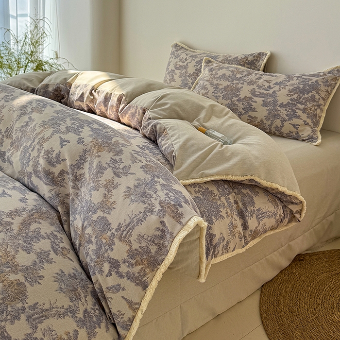 91家纺网 家纺一手货源 找家纺 竹合家纺 2026高克重流苏色织亚麻复古侘寂风小布袋四件套（零售价格不可低于148元） 流苏雨露麻-暗香疏影