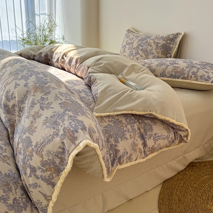 91家纺网 家纺一手货源 找家纺 竹合家纺 2026高克重流苏色织亚麻复古侘寂风小布袋四件套（零售价格不可低于148元） 流苏雨露麻-暗香疏影