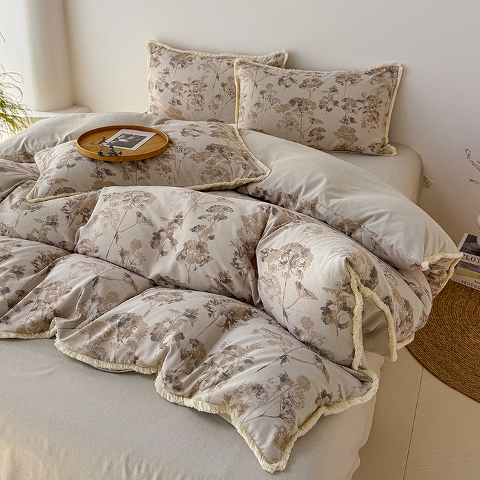 91家纺网 家纺一手货源 找家纺 竹合家纺 2026高克重流苏色织亚麻复古侘寂风小布袋四件套（零售价格不可低于148元） 流苏雨露麻-华尔兹