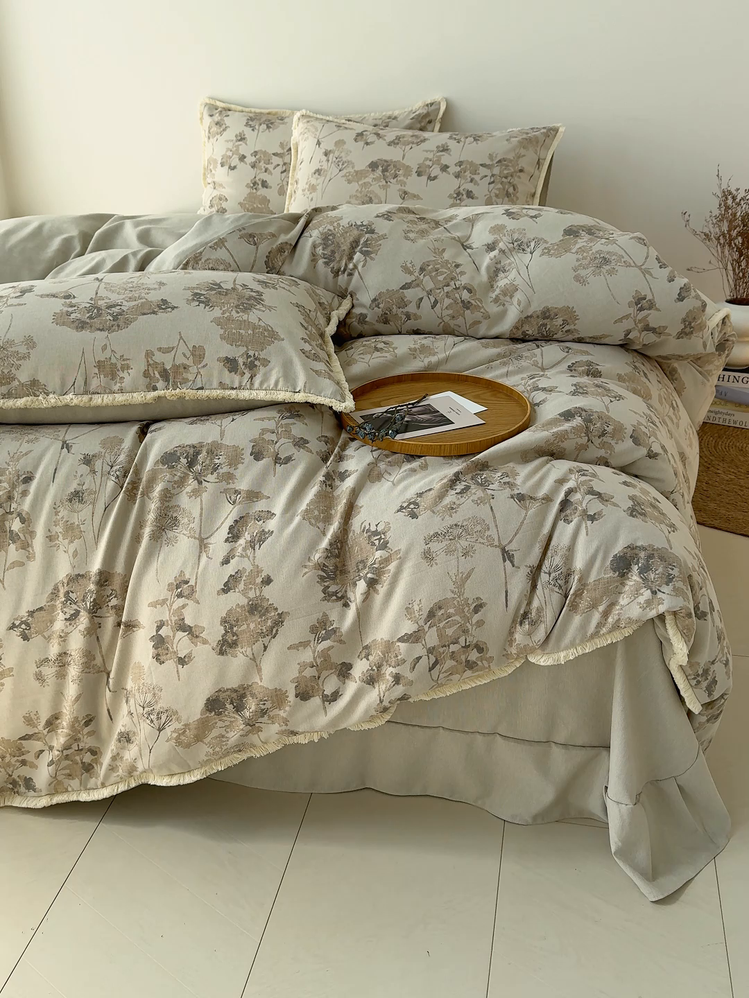 91家纺网 家纺一手货源 找家纺 竹合家纺 2026高克重流苏色织亚麻复古侘寂风小布袋四件套（零售价格不可低于148元） 流苏雨露麻-华尔兹