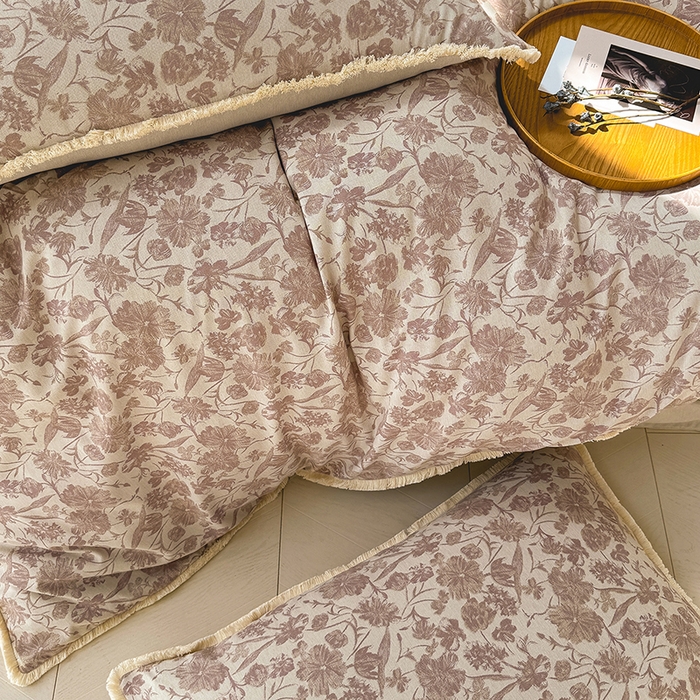 91家纺网 家纺一手货源 找家纺 竹合家纺 2026高克重流苏色织亚麻复古侘寂风小布袋四件套（零售价格不可低于148元） 流苏雨露麻-铃兰颂粉