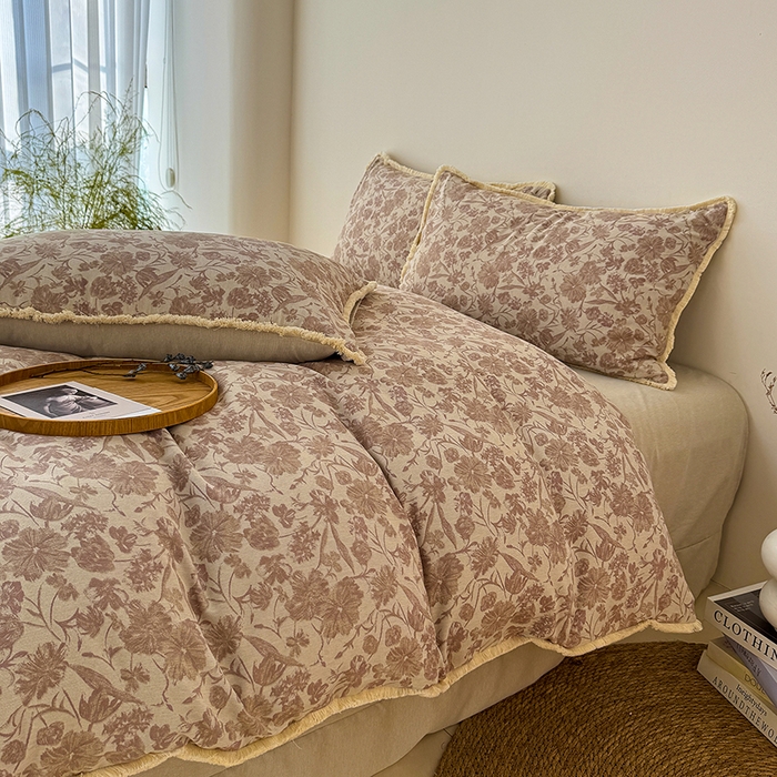 91家纺网 家纺一手货源 找家纺 竹合家纺 2026高克重流苏色织亚麻复古侘寂风小布袋四件套（零售价格不可低于148元） 流苏雨露麻-铃兰颂粉