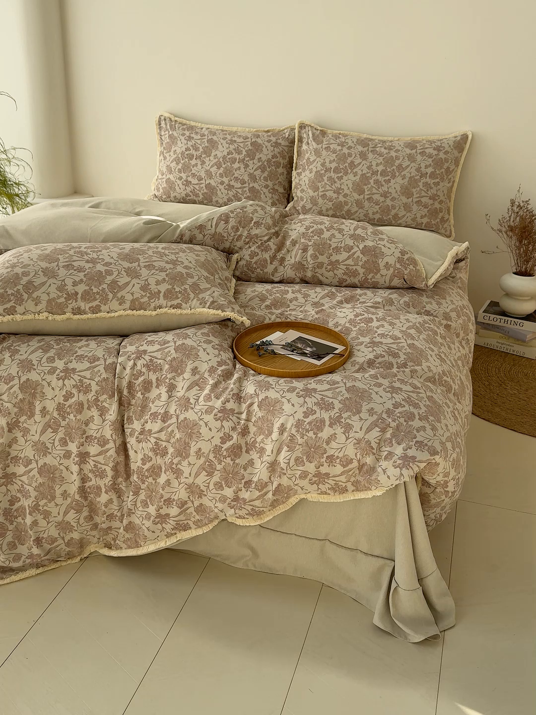 91家纺网 家纺一手货源 找家纺 竹合家纺 2026高克重流苏色织亚麻复古侘寂风小布袋四件套（零售价格不可低于148元） 流苏雨露麻-铃兰颂粉