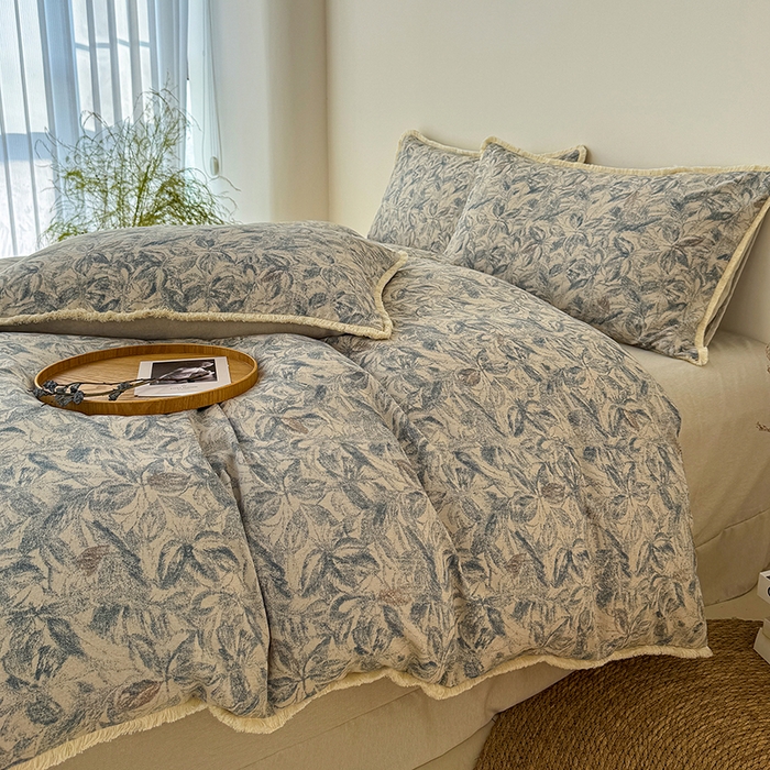 91家纺网 家纺一手货源 找家纺 竹合家纺 2026高克重流苏色织亚麻复古侘寂风小布袋四件套（零售价格不可低于148元） 流苏雨露麻-墨君