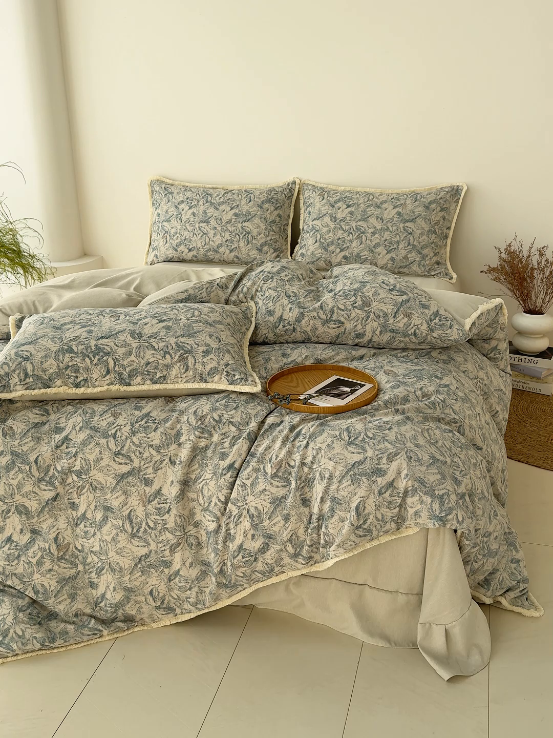 91家纺网 家纺一手货源 找家纺 竹合家纺 2026高克重流苏色织亚麻复古侘寂风小布袋四件套（零售价格不可低于148元） 流苏雨露麻-墨君