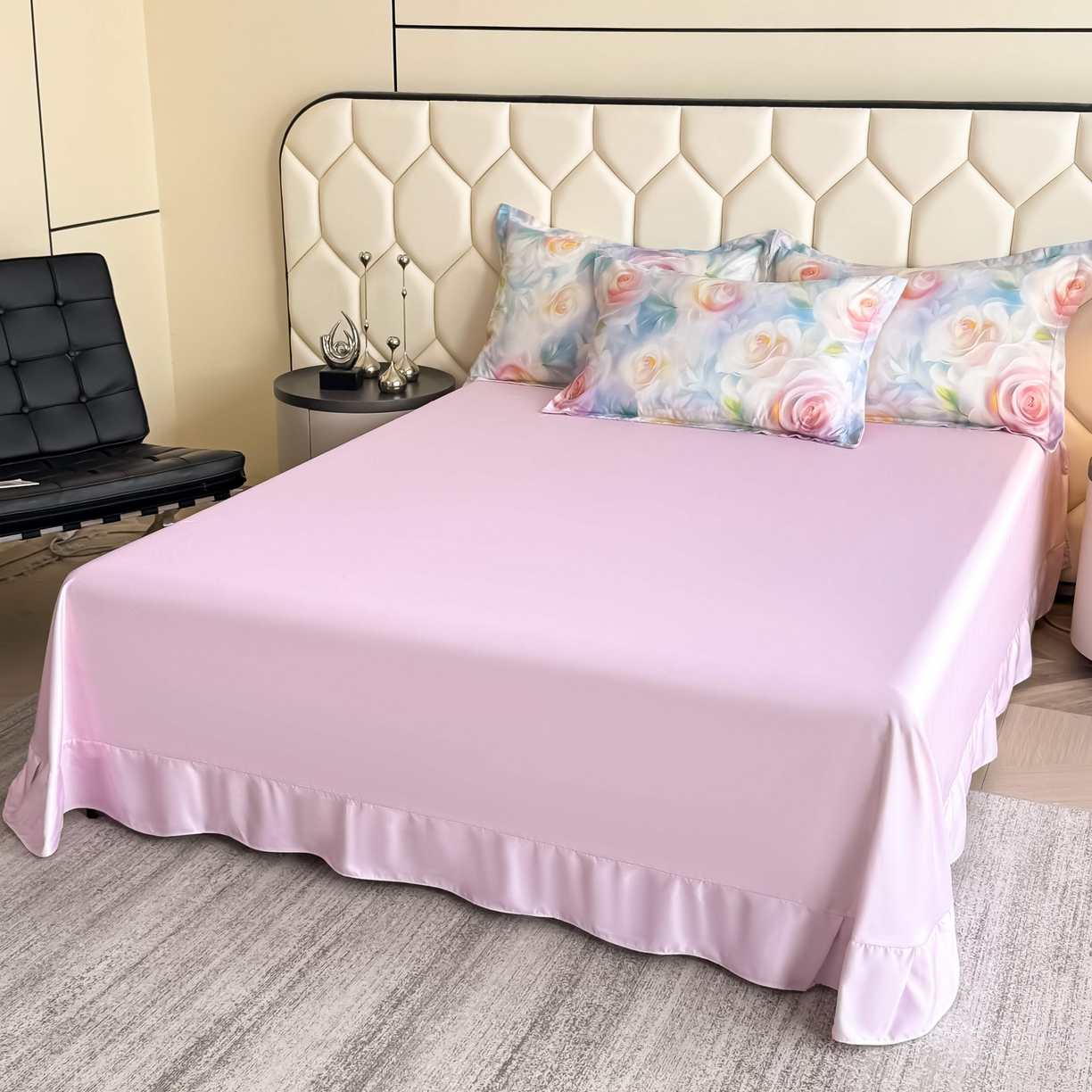 91家纺网 家纺一手货源 找家纺 优纤家纺 2025新款水洗真丝四件套粉红佳人