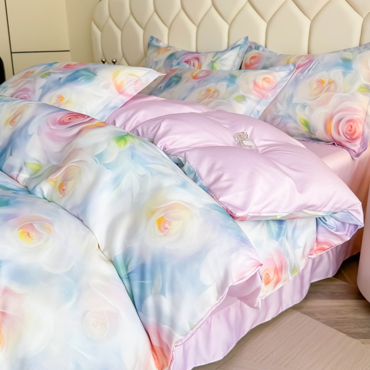 91家纺网 家纺一手货源 找家纺 优纤家纺 2025新款水洗真丝四件套粉红佳人