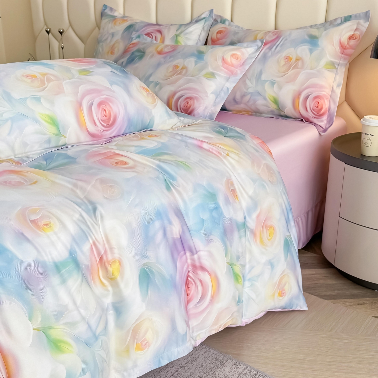 91家纺网 家纺一手货源 找家纺 优纤家纺 2025新款水洗真丝四件套粉红佳人