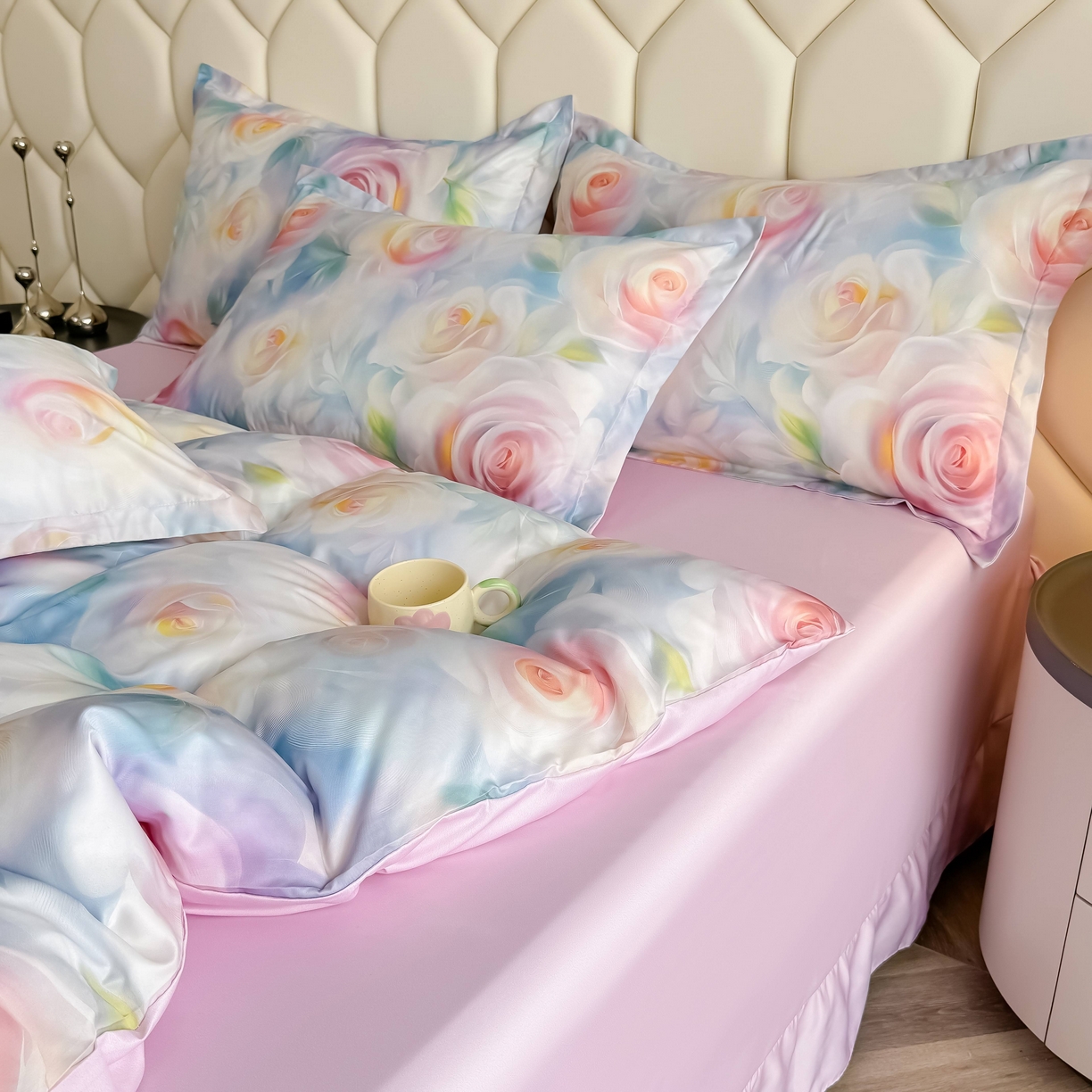 91家纺网 家纺一手货源 找家纺 优纤家纺 2025新款水洗真丝四件套粉红佳人