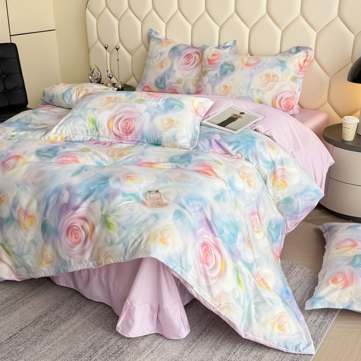 91家纺网 家纺一手货源 找家纺 优纤家纺 2025新款水洗真丝四件套粉红佳人