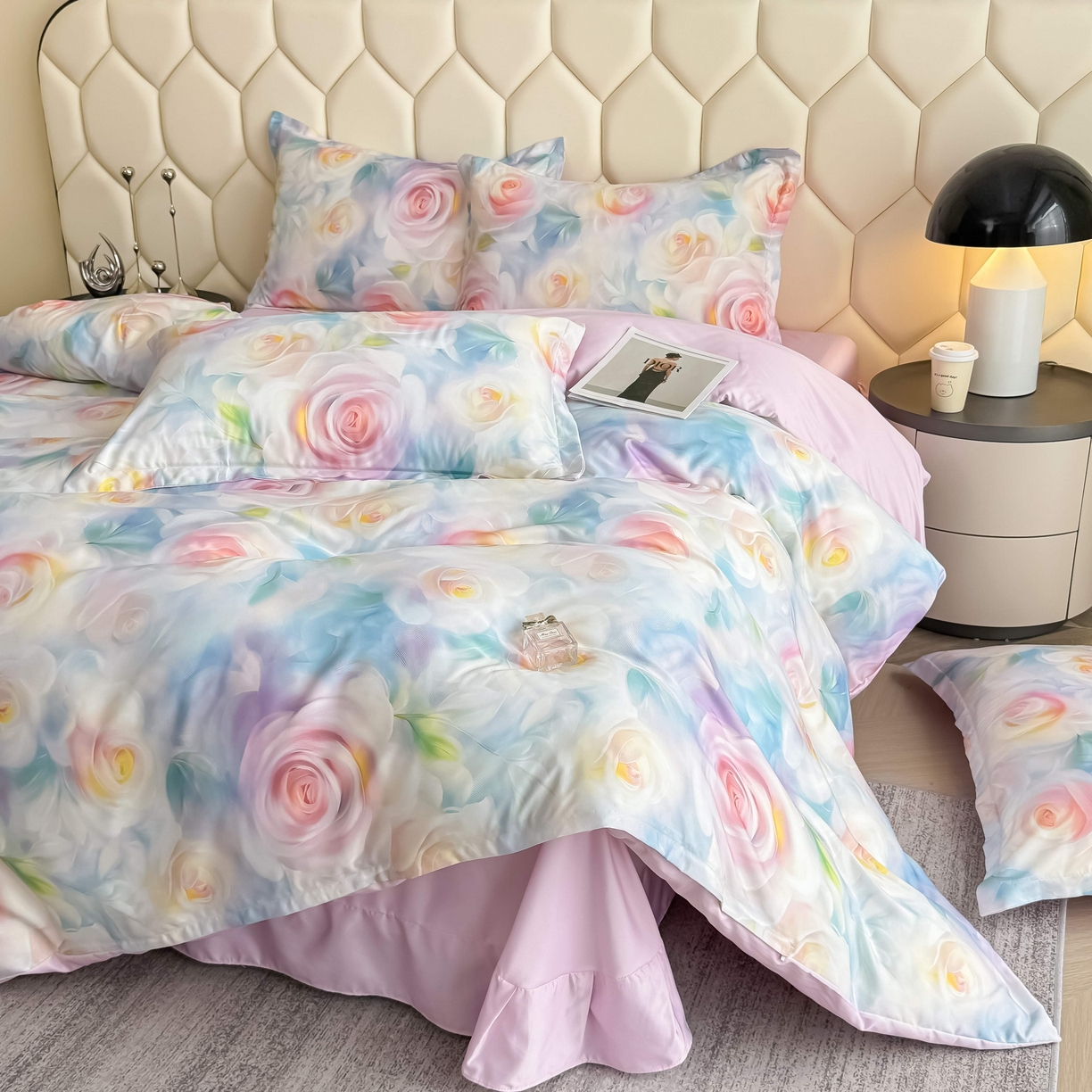 91家纺网 家纺一手货源 找家纺 优纤家纺 2025新款水洗真丝四件套粉红佳人