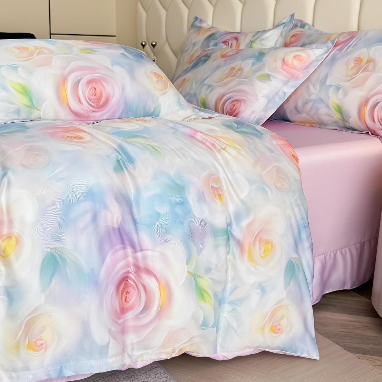 91家纺网 家纺一手货源 找家纺 优纤家纺 2025新款水洗真丝四件套粉红佳人