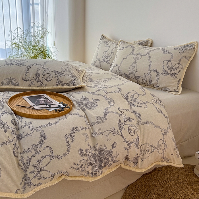 91家纺网 家纺一手货源 找家纺 竹合家纺 2026高克重流苏色织亚麻复古侘寂风小布袋四件套（零售价格不可低于148元） 流苏雨露麻-如梦令