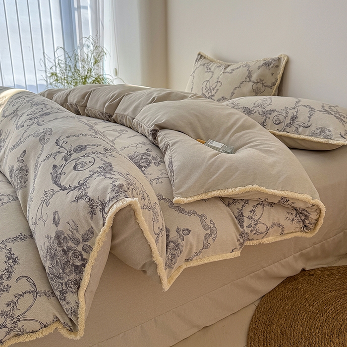 91家纺网 家纺一手货源 找家纺 竹合家纺 2026高克重流苏色织亚麻复古侘寂风小布袋四件套（零售价格不可低于148元） 流苏雨露麻-如梦令