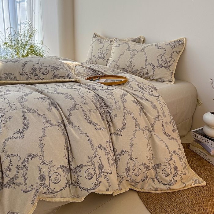 91家纺网 家纺一手货源 找家纺 竹合家纺 2026高克重流苏色织亚麻复古侘寂风小布袋四件套（零售价格不可低于148元） 流苏雨露麻-如梦令