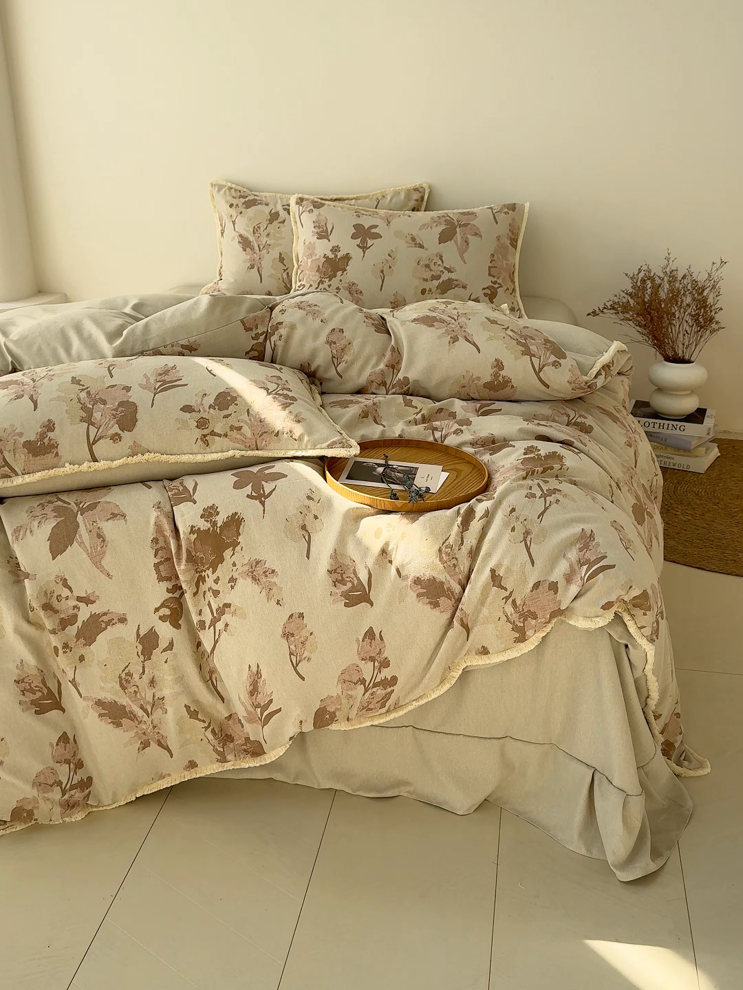 91家纺网 家纺一手货源 找家纺 竹合家纺 2026高克重流苏色织亚麻复古侘寂风小布袋四件套（零售价格不可低于148元） 流苏雨露麻-雪绒花