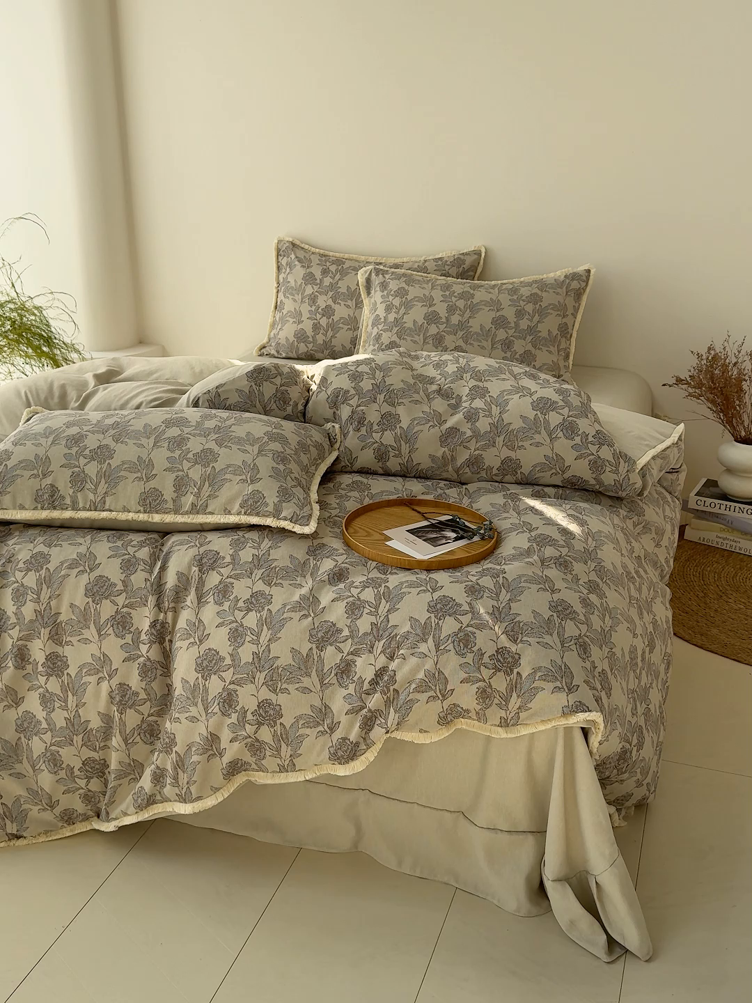 91家纺网 家纺一手货源 找家纺 竹合家纺 2026高克重流苏色织亚麻复古侘寂风小布袋四件套（零售价格不可低于148元） 流苏雨露麻-醉春烟