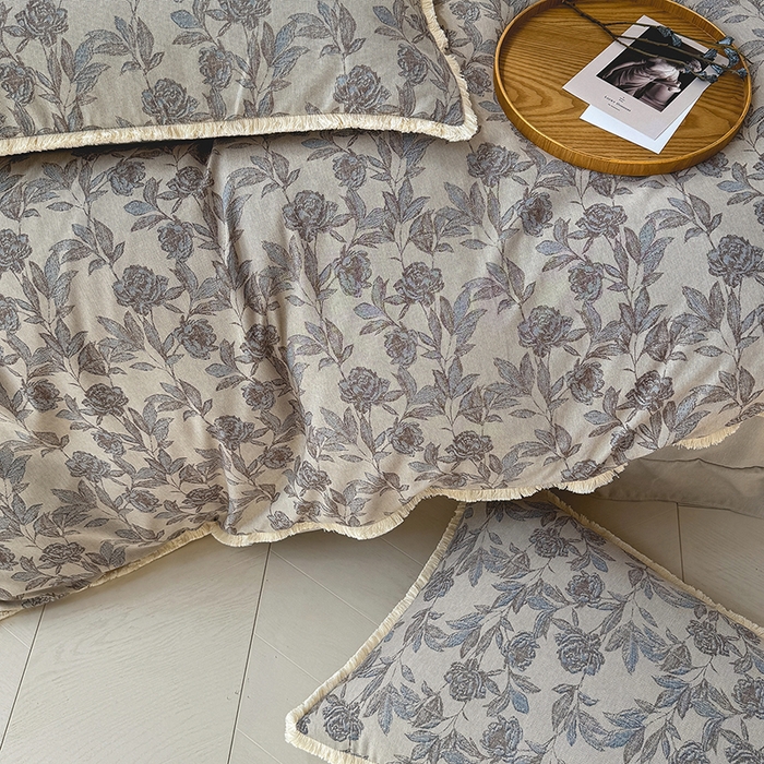 91家纺网 家纺一手货源 找家纺 竹合家纺 2026高克重流苏色织亚麻复古侘寂风小布袋四件套（零售价格不可低于148元） 流苏雨露麻-醉春烟