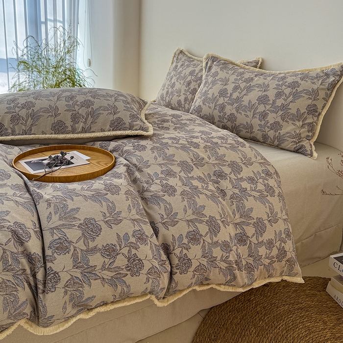 91家纺网 家纺一手货源 找家纺 竹合家纺 2026高克重流苏色织亚麻复古侘寂风小布袋四件套（零售价格不可低于148元） 流苏雨露麻-醉春烟