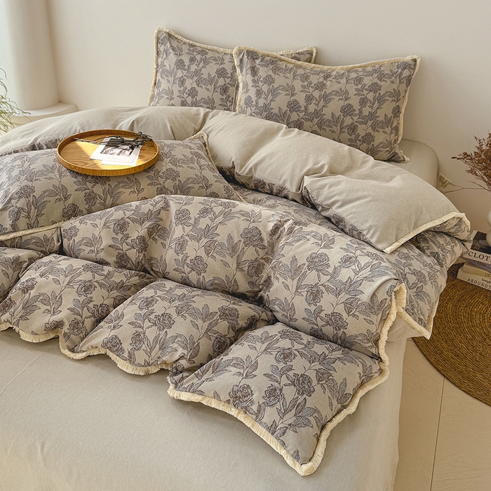 91家纺网 家纺一手货源 找家纺 竹合家纺 2026高克重流苏色织亚麻复古侘寂风小布袋四件套（零售价格不可低于148元） 流苏雨露麻-醉春烟