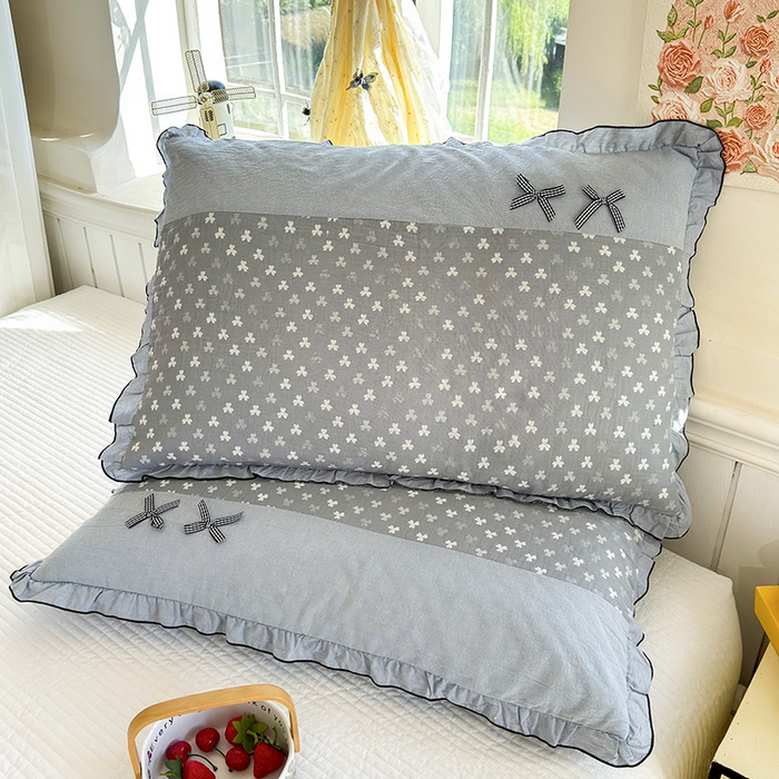 91家纺网 家纺一手货源 找家纺 （总）呦呦南宋 2025提花双层纱纯棉枕套多层结构枕头套超声波夹棉4874一对装拼接单品绣线花边拉链款蝴蝶结款枕套