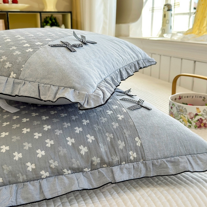 91家纺网 家纺一手货源 找家纺 （总）呦呦南宋 2025提花双层纱纯棉枕套多层结构枕头套超声波夹棉4874一对装拼接单品绣线花边拉链款蝴蝶结款枕套