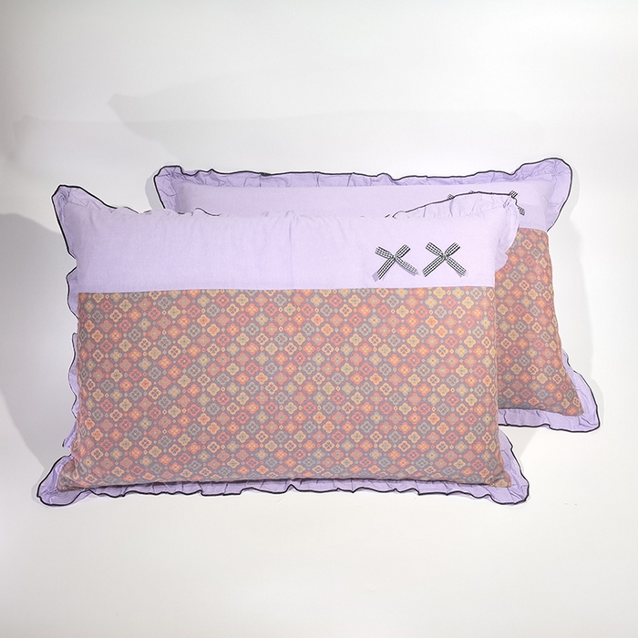 91家纺网 家纺一手货源 找家纺 （总）呦呦南宋 2025提花双层纱纯棉枕套多层结构枕头套超声波夹棉4874一对装拼接单品绣线花边拉链款蝴蝶结款枕套