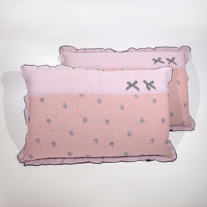 91家纺网 家纺一手货源 找家纺 （总）呦呦南宋 2025提花双层纱纯棉枕套多层结构枕头套超声波夹棉4874一对装拼接单品绣线花边拉链款蝴蝶结款枕套