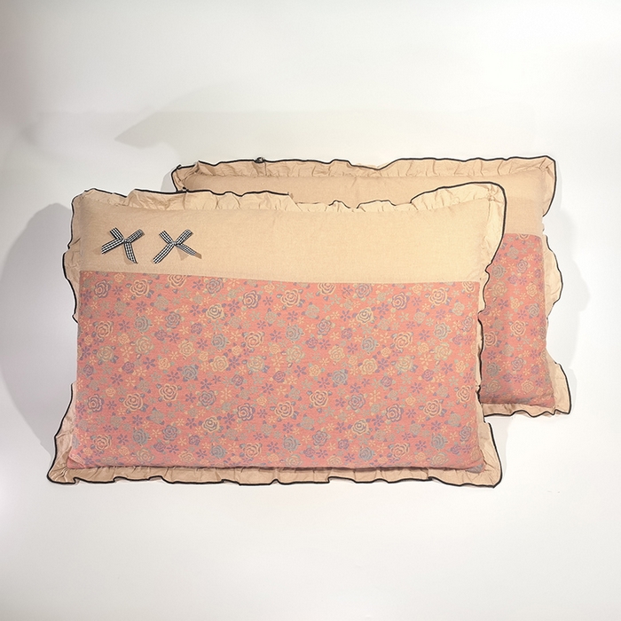 91家纺网 家纺一手货源 找家纺 （总）呦呦南宋 2025提花双层纱纯棉枕套多层结构枕头套超声波夹棉4874一对装拼接单品绣线花边拉链款蝴蝶结款枕套