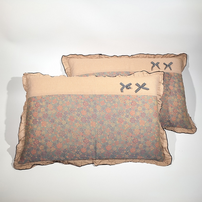 91家纺网 家纺一手货源 找家纺 （总）呦呦南宋 2025提花双层纱纯棉枕套多层结构枕头套超声波夹棉4874一对装拼接单品绣线花边拉链款蝴蝶结款枕套