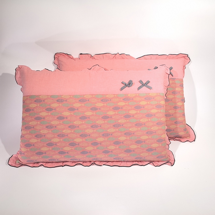 91家纺网 家纺一手货源 找家纺 （总）呦呦南宋 2025提花双层纱纯棉枕套多层结构枕头套超声波夹棉4874一对装拼接单品绣线花边拉链款蝴蝶结款枕套