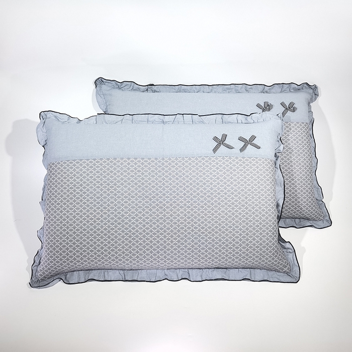 91家纺网 家纺一手货源 找家纺 （总）呦呦南宋 2025提花双层纱纯棉枕套多层结构枕头套超声波夹棉4874一对装拼接单品绣线花边拉链款蝴蝶结款枕套