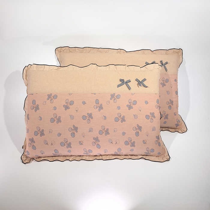 91家纺网 家纺一手货源 找家纺 （总）呦呦南宋 2025提花双层纱纯棉枕套多层结构枕头套超声波夹棉4874一对装拼接单品绣线花边拉链款蝴蝶结款枕套
