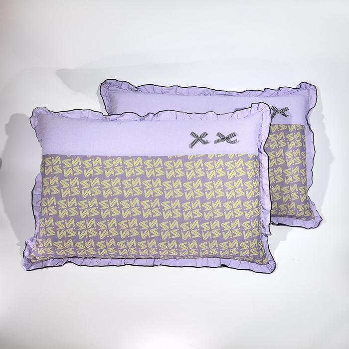 91家纺网 家纺一手货源 找家纺 （总）呦呦南宋 2025提花双层纱纯棉枕套多层结构枕头套超声波夹棉4874一对装拼接单品绣线花边拉链款蝴蝶结款枕套