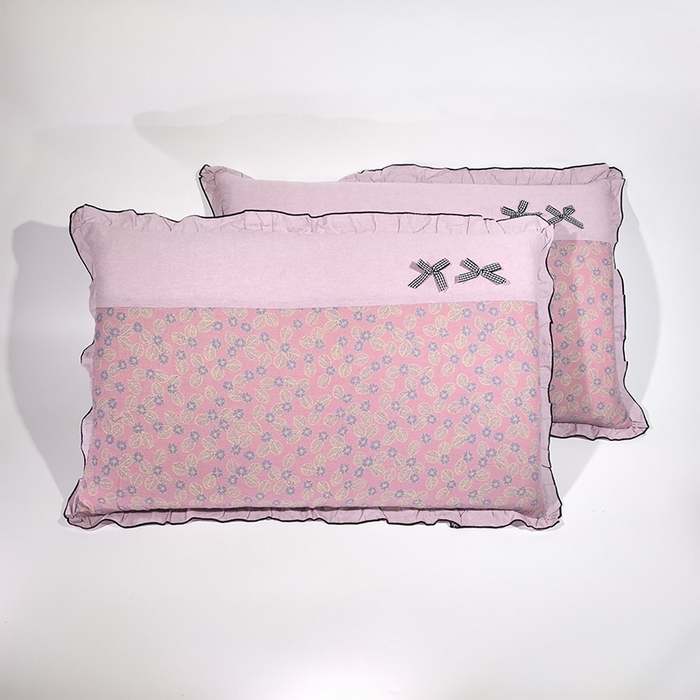 91家纺网 家纺一手货源 找家纺 （总）呦呦南宋 2025提花双层纱纯棉枕套多层结构枕头套超声波夹棉4874一对装拼接单品绣线花边拉链款蝴蝶结款枕套