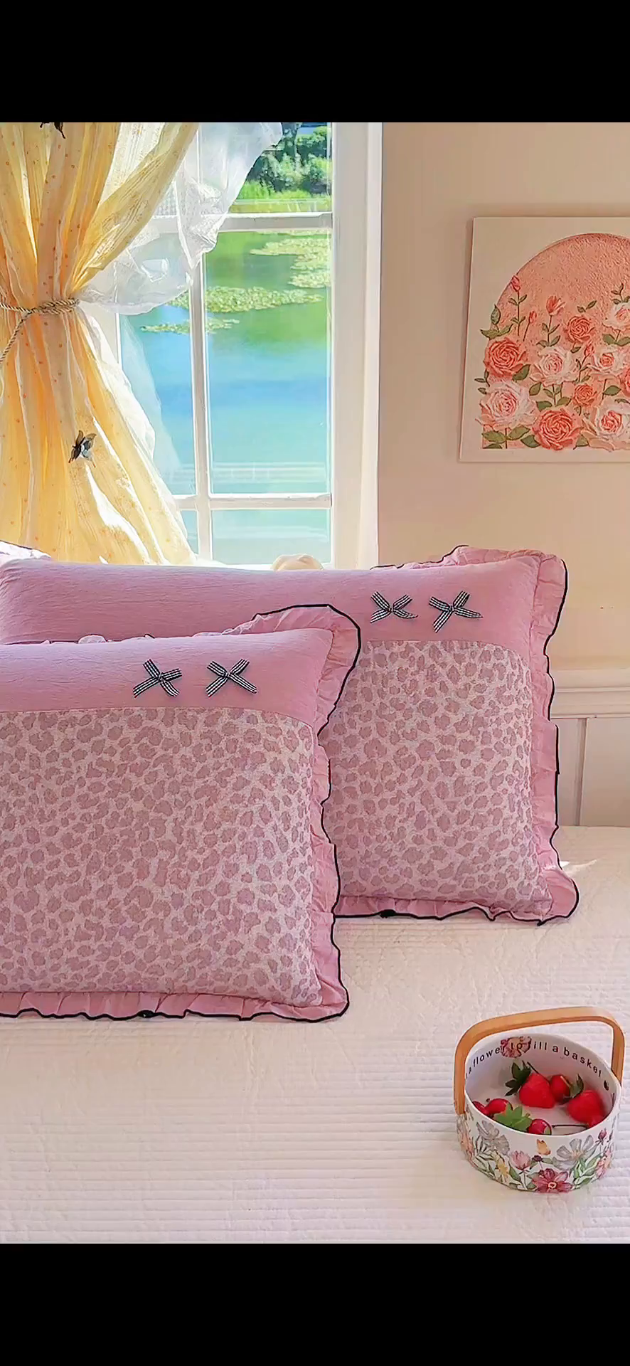 91家纺网 家纺一手货源 找家纺 呦呦南宋 2025提花双层纱纯棉枕套多层结构枕头套超声波夹棉4874一对装拼接单品绣线花边拉链款蝴蝶结款枕套 粉豹纹