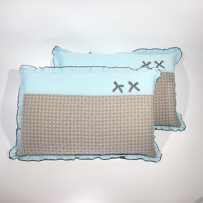 91家纺网 家纺一手货源 找家纺 呦呦南宋 2025提花双层纱纯棉枕套多层结构枕头套超声波夹棉4874一对装拼接单品绣线花边拉链款蝴蝶结款枕套 橙窗纹