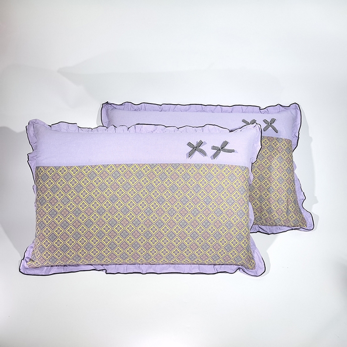 91家纺网 家纺一手货源 找家纺 呦呦南宋 2025提花双层纱纯棉枕套多层结构枕头套超声波夹棉4874一对装拼接单品绣线花边拉链款蝴蝶结款枕套 格格花