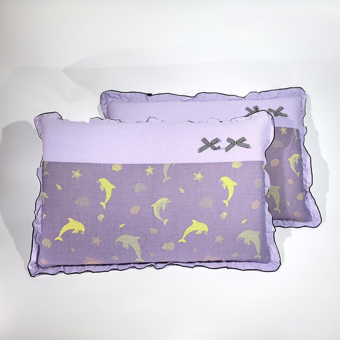 91家纺网 家纺一手货源 找家纺 呦呦南宋 2025提花双层纱纯棉枕套多层结构枕头套超声波夹棉4874一对装拼接单品绣线花边拉链款蝴蝶结款枕套 海豚紫