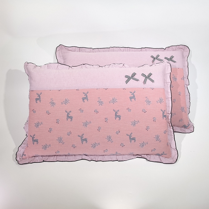 91家纺网 家纺一手货源 找家纺 呦呦南宋 2025提花双层纱纯棉枕套多层结构枕头套超声波夹棉4874一对装拼接单品绣线花边拉链款蝴蝶结款枕套 鹿与草