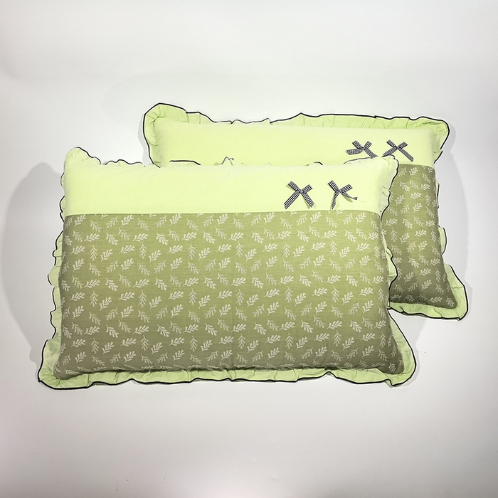 91家纺网 家纺一手货源 找家纺 呦呦南宋 2025提花双层纱纯棉枕套多层结构枕头套超声波夹棉4874一对装拼接单品绣线花边拉链款蝴蝶结款枕套 麦穗绿