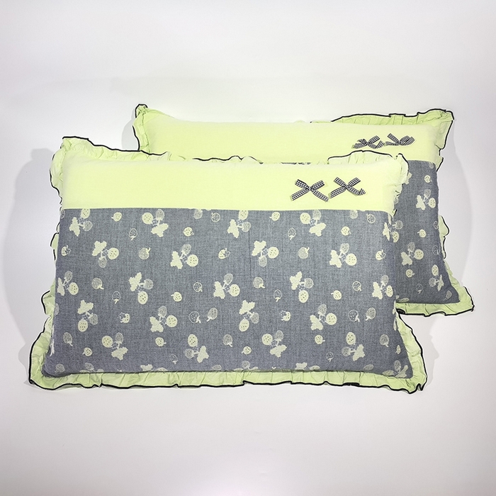 呦呦南宋 2025提花双层纱纯棉枕套多层结构枕头套超声波夹棉4874一对装拼接单品绣线花边拉链款蝴蝶结款枕套 梅果蓝