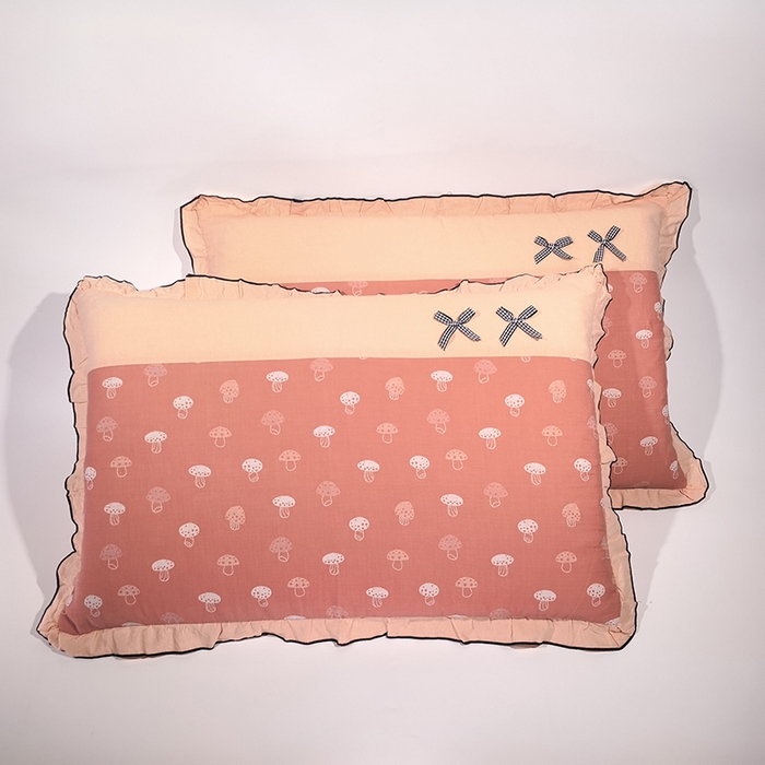 呦呦南宋 2025提花双层纱纯棉枕套多层结构枕头套超声波夹棉4874一对装拼接单品绣线花边拉链款蝴蝶结款枕套 蘑菇红