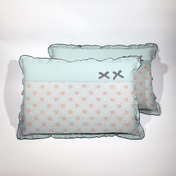 呦呦南宋 2025提花双层纱纯棉枕套多层结构枕头套超声波夹棉4874一对装拼接单品绣线花边拉链款蝴蝶结款枕套 青苹果