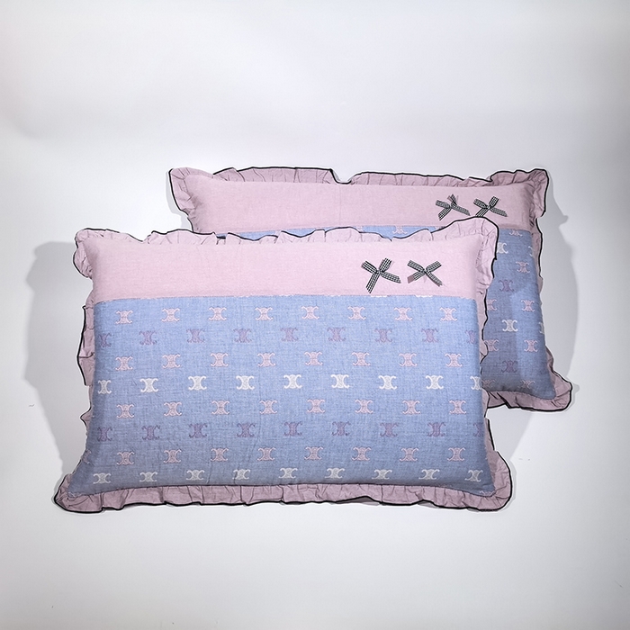 呦呦南宋 2025提花双层纱纯棉枕套多层结构枕头套超声波夹棉4874一对装拼接单品绣线花边拉链款蝴蝶结款枕套 双C形