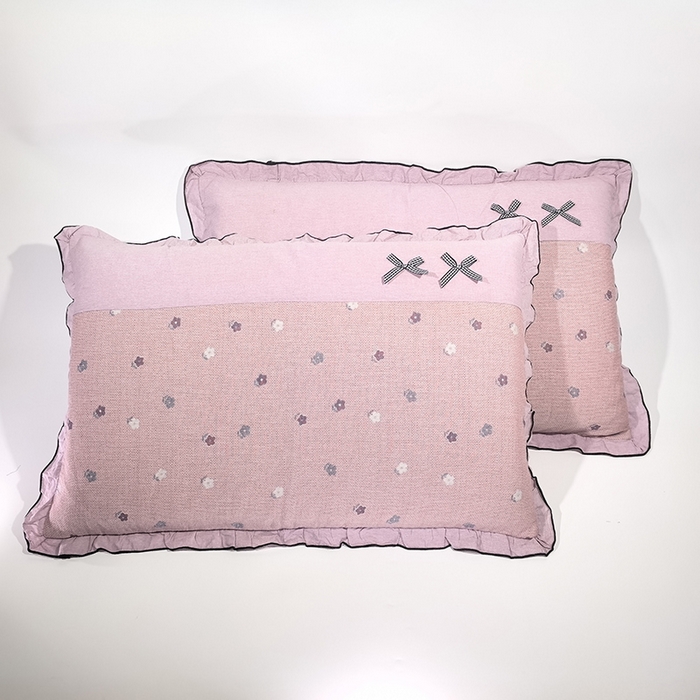 呦呦南宋 2025提花双层纱纯棉枕套多层结构枕头套超声波夹棉4874一对装拼接单品绣线花边拉链款蝴蝶结款枕套 双花红